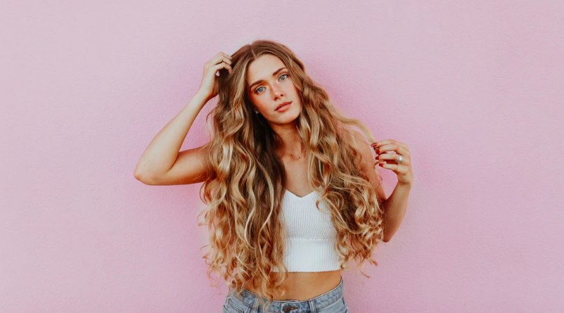 Female in healthy hair photoshoot
